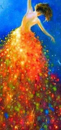 This phone live wallpaper showcases a breathtaking pointillism painting of a woman in a vibrant, multicolored dress