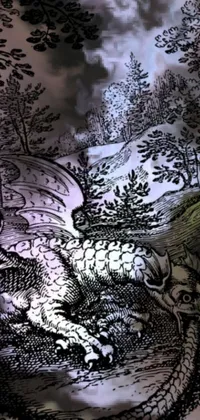 This phone live wallpaper features a unique illustration of a dragon in a forest, inspired by storybook art
