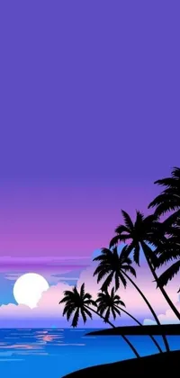 This phone live wallpaper depicts a serene beach scene with swaying palm trees and a full moon