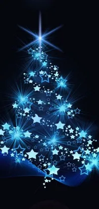 This phone live wallpaper features a captivating blue Christmas tree with sparkling stars, perfectly fitting for the festive season