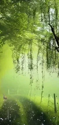 This phone wallpaper shows a serene path winding through a rich green forest, with a weeping willow arch, tea village backdrop and yellow-green smog sky