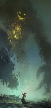 This phone live wallpaper features a surreal scene of a small boat caught in a terrifying encounter with a gigantic monster