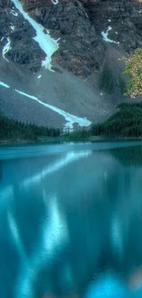 This nature-inspired phone live wallpaper features a serene body of water nestled amidst breathtaking Canadian mountains