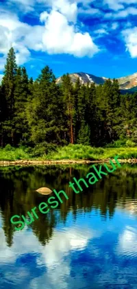 This beautiful live wallpaper depicts a serene lake and mountain landscape with a lush forest in the valley below