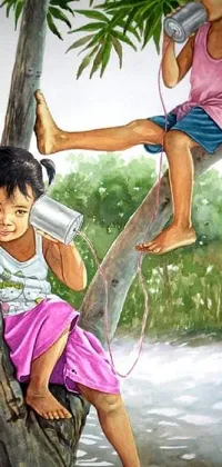 This stunning phone live wallpaper showcases an earthy, semi-realistic watercolor painting of two children drinking river water while sitting in a serene tree