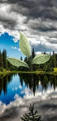 This live wallpaper features a green leaf hovering above a serene lake in Yukon, inspired by environmental art