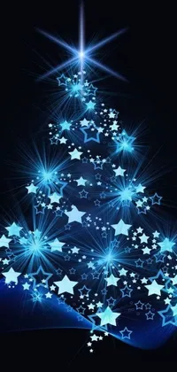 This phone live wallpaper features a digital art of a blue Christmas tree adorned with stars on a black background with stars