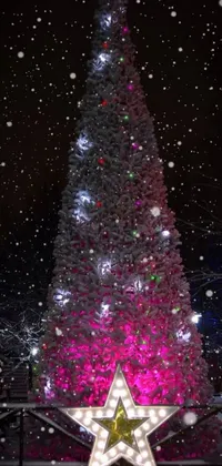 This phone live wallpaper showcases a vibrant, beautifully lit Christmas tree with sparkling ornaments at the center of the design