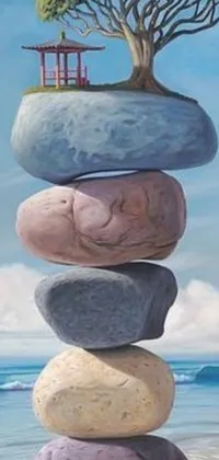 The phone live wallpaper features a surreal painting of a tree standing on a pile of rocks, balanced and harmonious