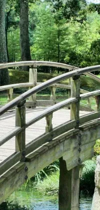 This live wallpaper features a tranquil setting of a wooden bridge over a stream in a park, perfect for any mobile device