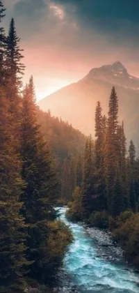 This live phone wallpaper features a serene scene of a river flowing through a lush forest, set against a vast mountain