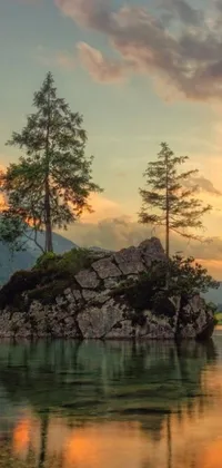 This mobile live wallpaper showcases a serene island located in the center of a peaceful lake amidst a mountainous setting