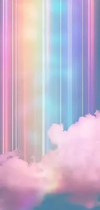 This live wallpaper features a rainbow colored cloud set against a blue sky, with neon pillars and streaks of light through the scene