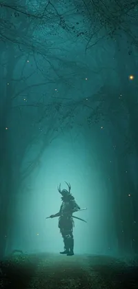 This engaging phone live wallpaper showcases a mystical forest scene featuring a bull samurai in traditional armor, wielding a sword