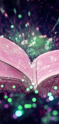 This whimsical phone live wallpaper features an open book resting on a vibrant green meadow with a touch of magical realism through the addition of sparkling purple hues radiating from the book and Lady Rose, a charming fairy, sitting on top of it