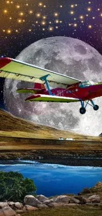 This dynamic phone wallpaper depicts a small airplane soaring in front of a full moon