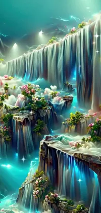 This live wallpaper showcases a breathtaking waterfall in a lush forest setting
