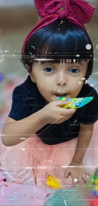 This lively phone live wallpaper features a charming little girl sitting on the floor and brushing an imaginary set of teeth
