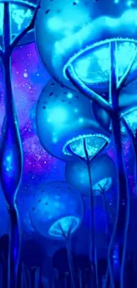 This live wallpaper features an enchanting painting of blue mushrooms growing in a dreamy field