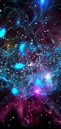 This live phone wallpaper features a mesmerizing space filled with blue and purple stars, generative art, pulsing neurons, black hole, bubble chamber, Instagram photo gallery, and rotating globe displaying real-time weather patterns