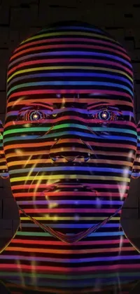 This vibrant live wallpaper features a neon image of a man's face in front of a brick wall, surrounded by symmetrical rainbow neon strips
