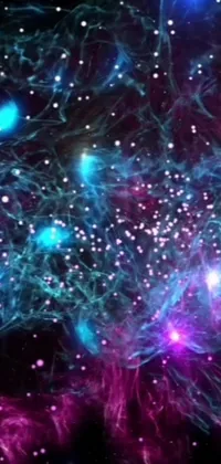 Looking for a mesmerizing space-themed wallpaper for your phone? Look no further than this stunning live wallpaper! Fiery purple and blue stars twinkle in a vast cosmic backdrop, while glowing threads of drops create a magical effect that will transport you to another world