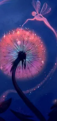 This enchanting live wallpaper features a fairy perched atop a dandelion, with purple bioluminescence radiating from her