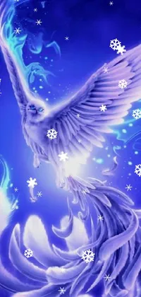 This phone live wallpaper features a magical bird gliding through the air against a beautiful backdrop of indigo blue flames