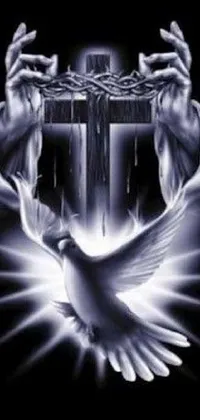 This live phone wallpaper features a striking image of a person holding a cross and a dove set against a dark background