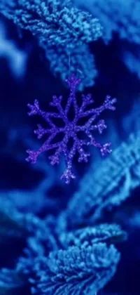 This phone live wallpaper features a serene and calm image of a snowflake on a plant, in blue and violet colors