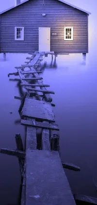 This phone live wallpaper showcases a dock floating in a tranquil body of water, set against the backdrop of an old house in Ukraine