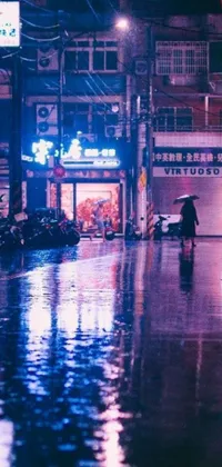 Looking for a stunning phone live wallpaper? Look no further than this cyberpunk masterpiece! This incredible wallpaper features a person walking in the rain with an umbrella, beautifully rendered in a futuristic cyberpunk art style