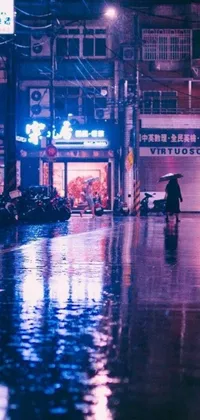 This phone live wallpaper presents a picturesque Chinese town at night with glowing purple neon lights and a dreamy ambiance