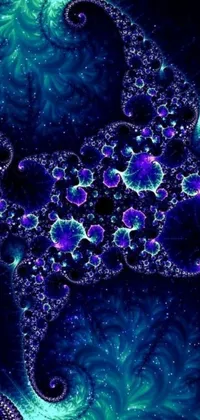 This mesmerizing phone live wallpaper features a constantly shifting pattern of fractal vines and multiversal ornaments that shimmer and glow with blue bioluminescence