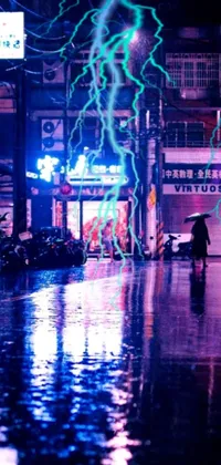 This phone live wallpaper features a cyberpunk scene of a lone figure moving in the rain with an umbrella