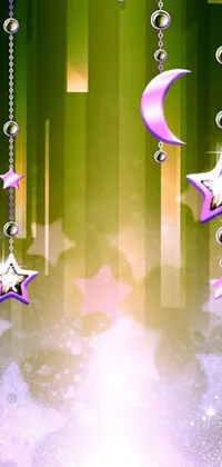 This phone live wallpaper boasts a charming digital art display of a purple background featuring stars and a crescent moon
