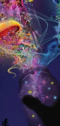This live wallpaper features a striking close-up of a person holding a colorful jellyfish against a backdrop of psychedelic art