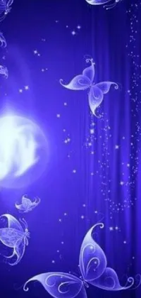 This purple phone live wallpaper boasts an enchanting scene with various features such as butterflies and a glowing moon