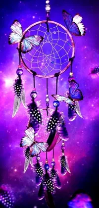 This phone live wallpaper boasts a stunning dream catcher close-up adorned with colorful butterflies against a cosmic purple space background