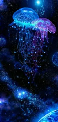 "Transform your phone's homescreen with an ethereal live wallpaper featuring a serene jellyfish drifting amongthe stars in a cosmic underwater world
