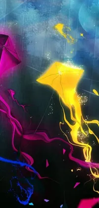 This live phone wallpaper features beautiful kites against a neon rain backdrop