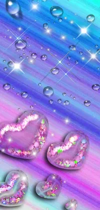 This stunning phone live wallpaper features pulsating pink and purple hearts that rest on top of a sublime iridescent water background