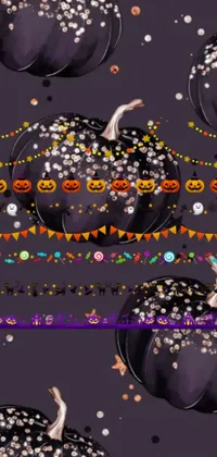 This live wallpaper depicts a group of black pumpkins displayed on a table in a digital rendering