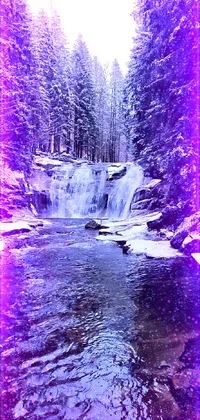 This phone live wallpaper showcases a winter wonderland forest scenery with a flowing stream and grand waterfall