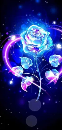This live phone wallpaper showcases a superb blue neon design surrounding a luminescent rose, with a magic heart on the flowerbed