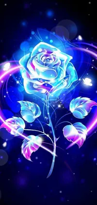 In this live wallpaper, a stunning blue heart-shaped rose takes center stage against a dark background, glowing with bioluminescence that captures the eye
