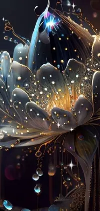 This live wallpaper features a stunning, close-up view of a water droplet-covered flower, set against a dark background