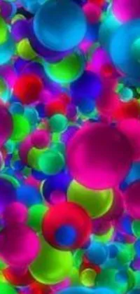 This live phone wallpaper features a collection of floating colorful balls in a vibrant, abstract digital art piece