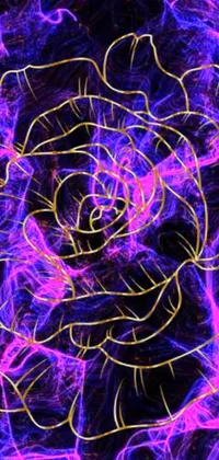 This live phone wallpaper features a colorful close-up of a purple rose on a black background, surrounded by pink, yellow, and blue neon signs, fractal fiberglass tendrils and scribble art