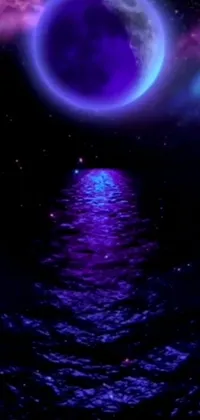 Get lost in the stunning beauty of this phone live wallpaper featuring a purple and blue moon suspended over a tranquil body of water